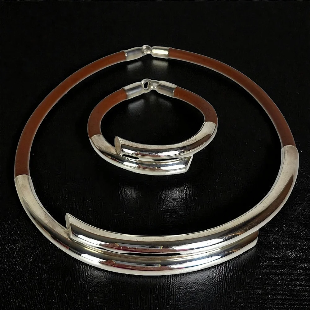 Vintage Taxco Sterling and Leather Choker Necklace and Bracelet Set - Picture 3 of 13